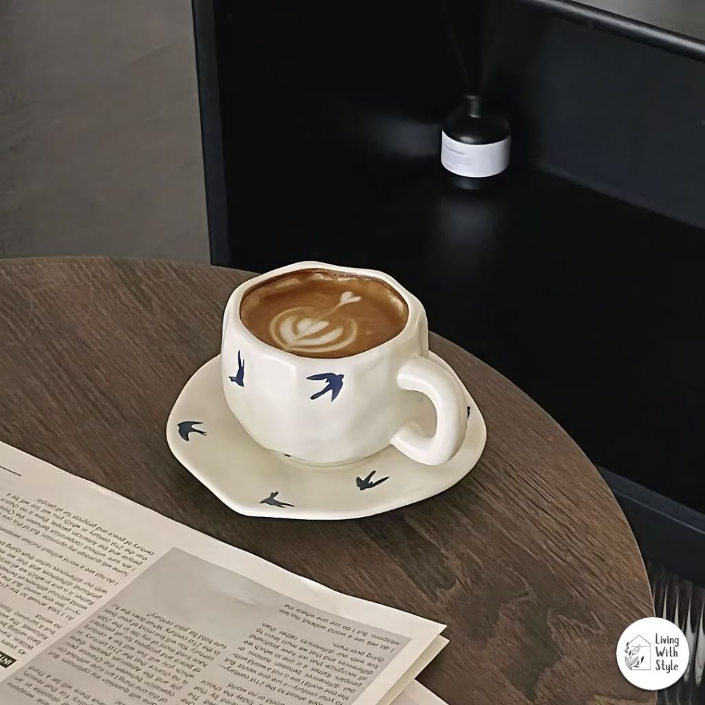 Living With Style - Flying Bird Aesthetic Ceramic Mug / Cangkir Korea Model Burung Cantik Unik / Gel