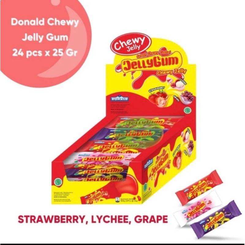 

DONALD CHEWY JELLY GUM 1 BOX ISI 24 PCS | 23 GRAM | JELI ANEKA RASA STRAWBERRY LECI ANGGUR |