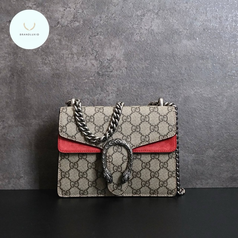 Gucci Mini Dionysus GG Supereme Canvas Flap Bag In Beige / Red