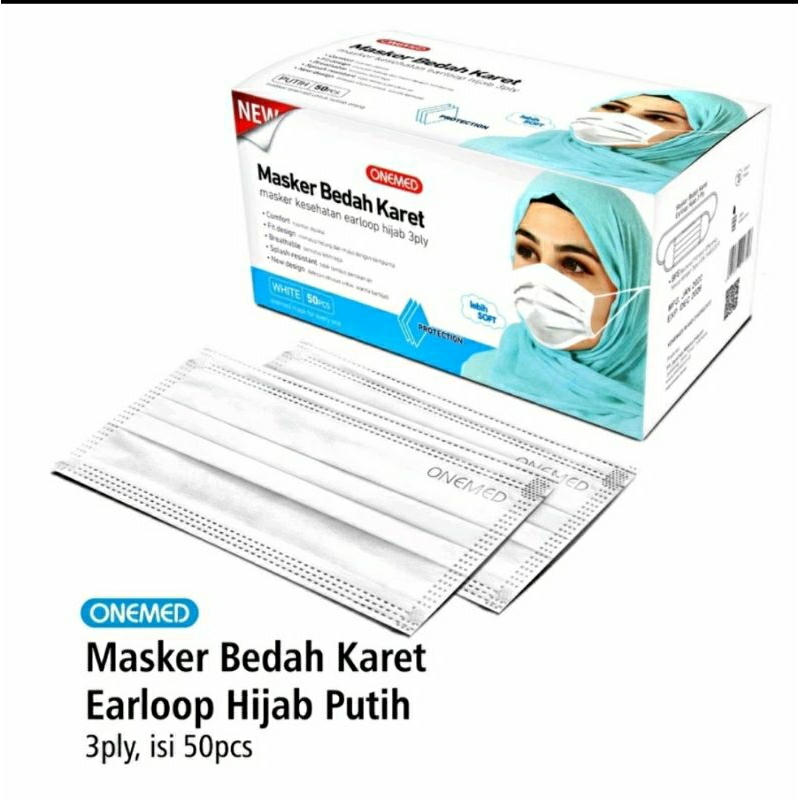Masker Karet Medis untuk Jilbab Hijab 3 ply Onemed Putih 1 box isi 50 pcs headloop