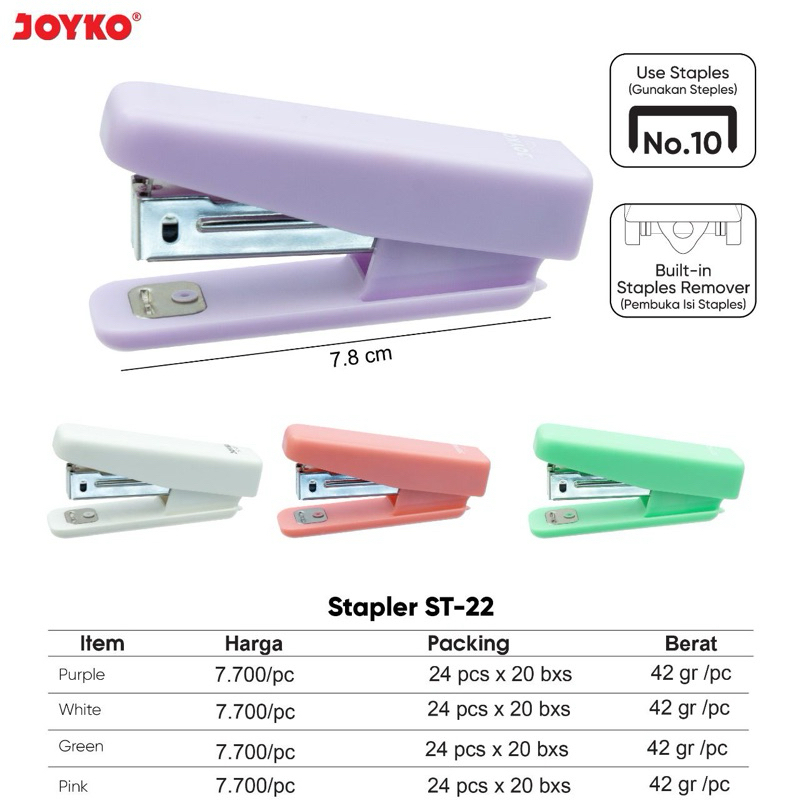 

JOYKO Mesin Stapler ST-22 isi no.10 Warna Pastel / Staples ST22 untuk isi Steples ukuran kecil ( no.10 )