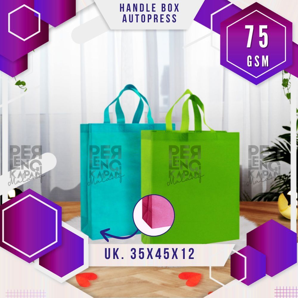 

Tas Box Spunbond Goodie Bag Standing Handle Box Auto Press (HBPA) Ukuran 35x45x10 POLOS