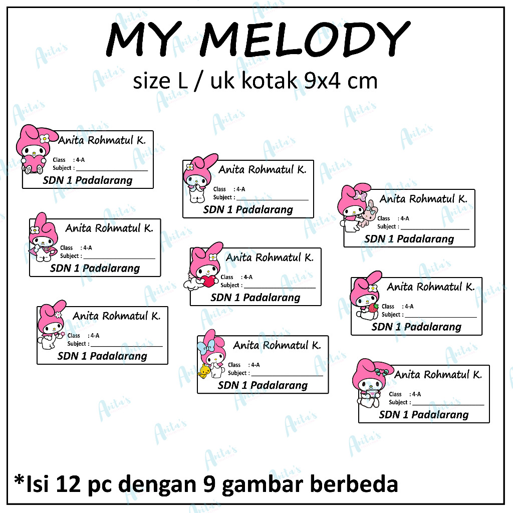 

12pc STIKER NAMA BUKU PELAJARAN ANAK SEKOLAH tema MY MELODY | size L / 9x4 cm | CUSTOM