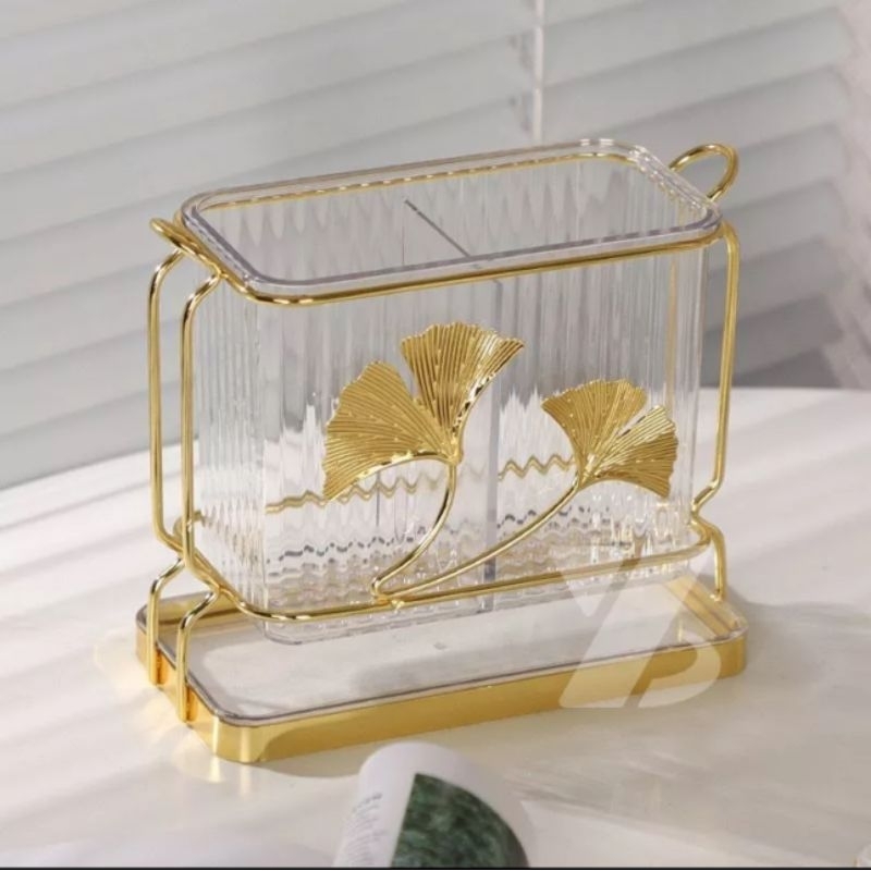 Gold Cutlery Holder Tempat sendok garpu Gold motif daun wadah sendok Tempat Sendok Gold