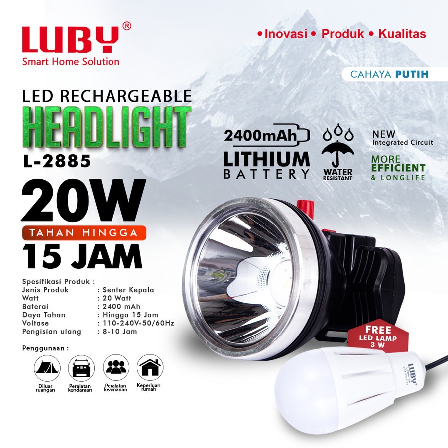 Headlamp Luby LED L2885 senter kepala 20 watt cas ulang tombol dimmer /putaran bonus led