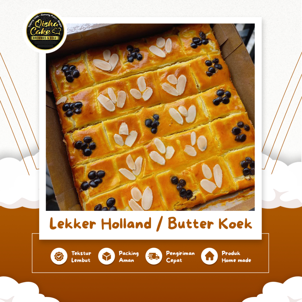 

Kue Lekker Holland Panggang Ukuran 20×20 cm & 20x10 cm Butter Cookies Topping Keju Almond Chocochips