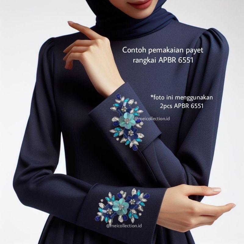 Payet  bunga rangkai 3d APBR 6551 Biru Navy payet leher payet pinggang kebaya premium