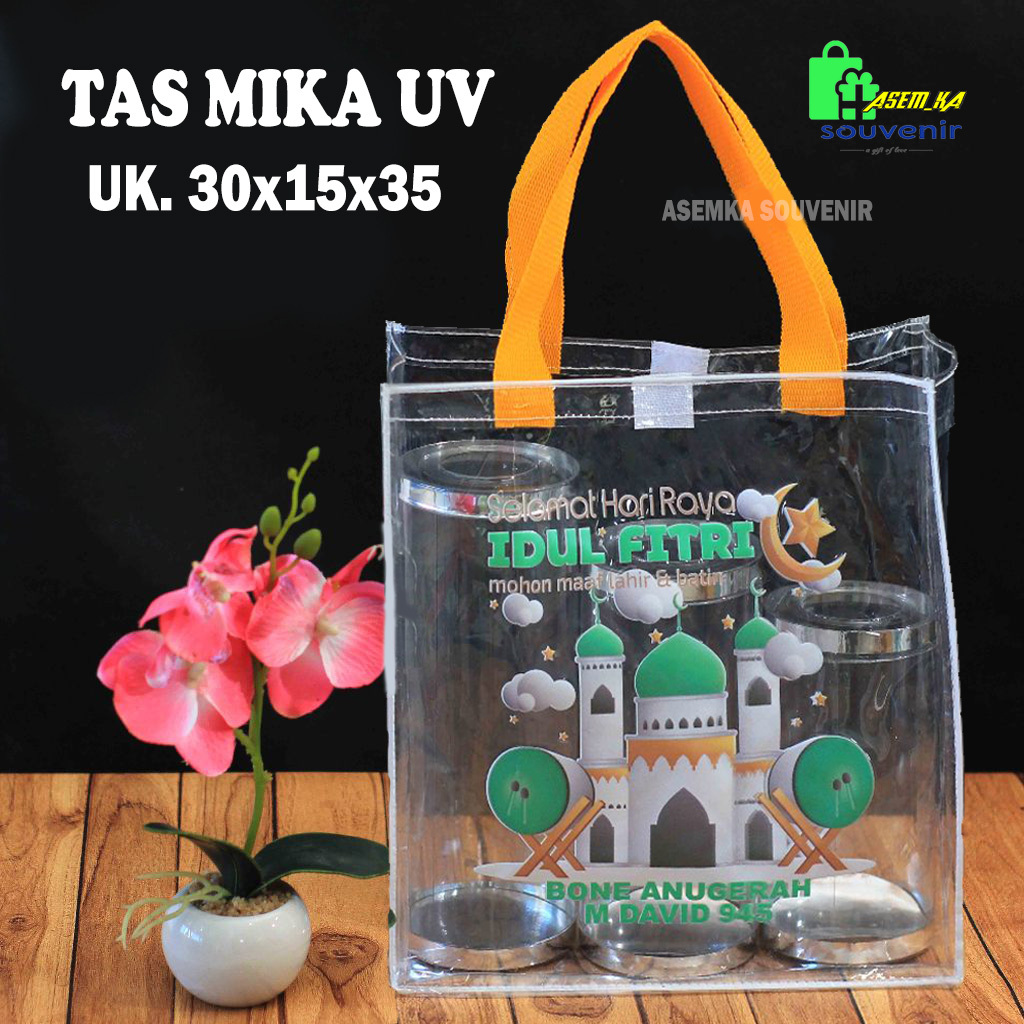 

TAS MIKA GOODIE BAG CETAK UV CUSTOM NAMA TALI BISBEN KUAT GRATIS DESIGN