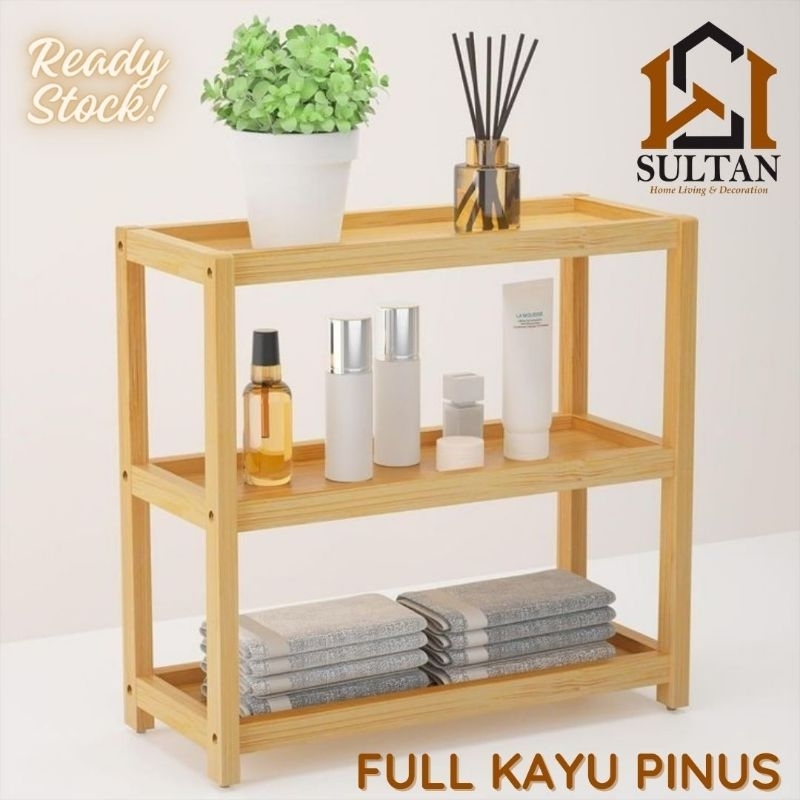 Rak Kayu Serbaguna Susun 3 Rak Dapur Rak Kosmetik Full Kayu Solid Aestetik