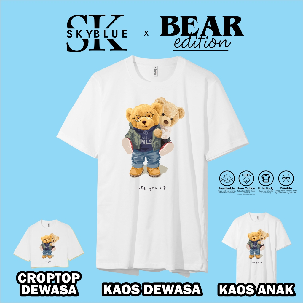 OFFICIAL SKYBLUE kaos baju atasan t shirt TEDDY BEAR LIFT YOU UP combed 30s oversize croptop cowok c