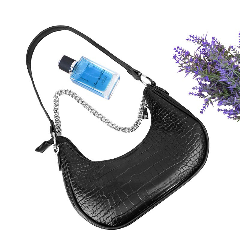 KKV Dunns  tas rantai buaya  Tas Bahu Wanita Kulit Hitam Glossy Black Leather Shoulder Bag/pink/whit