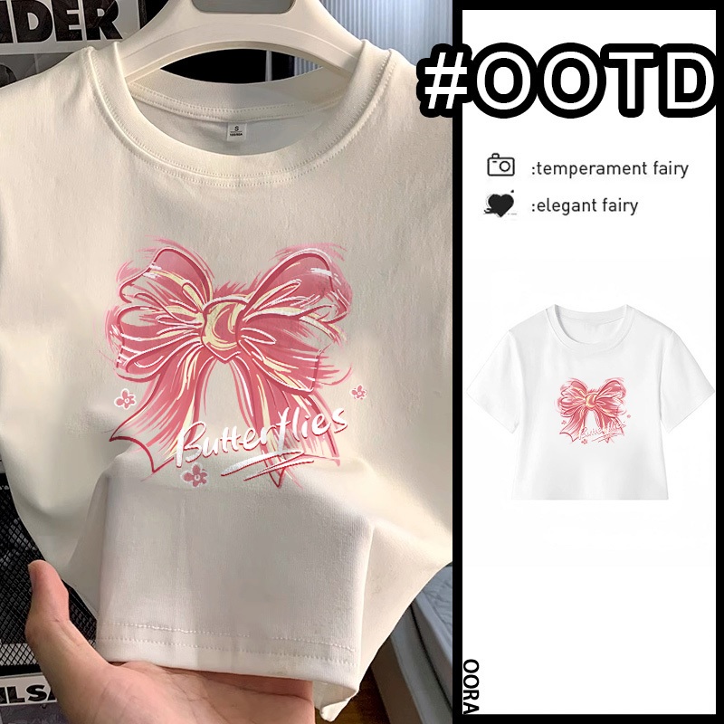 OORA t shirt crop top slimfit busur berwarna merah muda wanita korean style baju ketat crop top puti