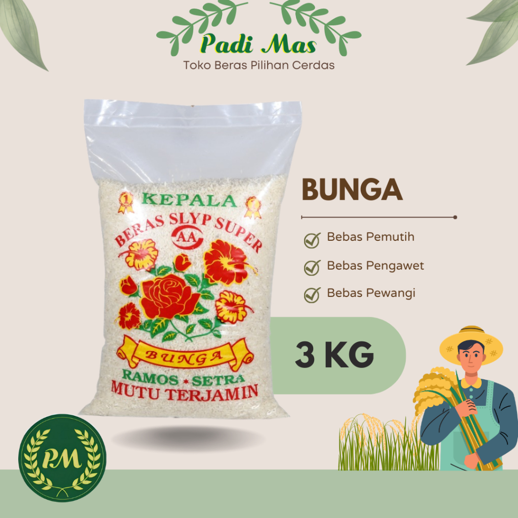 

Beras Bunga / Beras Ramos cap Bunga kemasan 3 kg, 5 kg, 10 kg, 20 kg, 25 kg