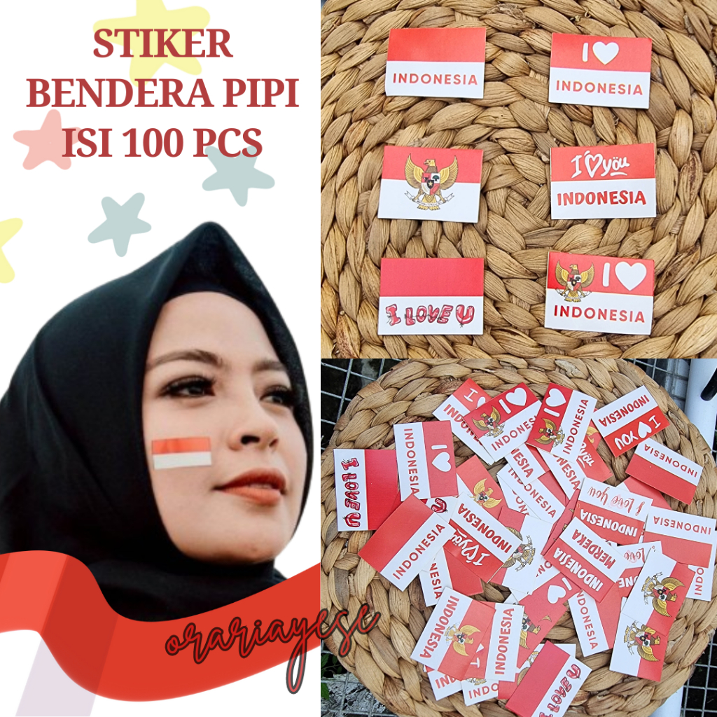 

100pcs Sticker Bendera Tempel / stiker Pipi Bendera merah Putih / Tempelan pipi murah