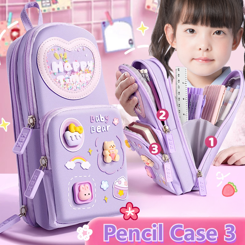 

【Gaya baru】Tempat pensil kotak 3D Anak perempuan Lucu Besar/ Kotak pensil kanvas 6 ruang/Kotak pensil anak sekolah/Tempat pensil kapasitas besar stroberi/ceri/es krim