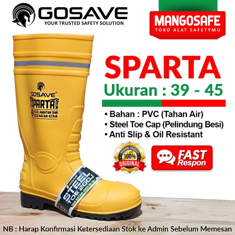 Sepatu Safety Boots Karet PVC Kuning GOSAVE SPARTA Ujung Besi / Sepatu Boot Hujan Anti Air Waterproo
