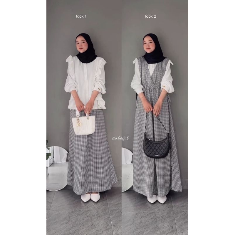 [BISA COD] EXCLUSIVE BY V.HEEJAB SET OVERALL KOREA VINTAGE DRESS ISI 2PCS (OVERALL+KEMEJA RUFFLE) GA
