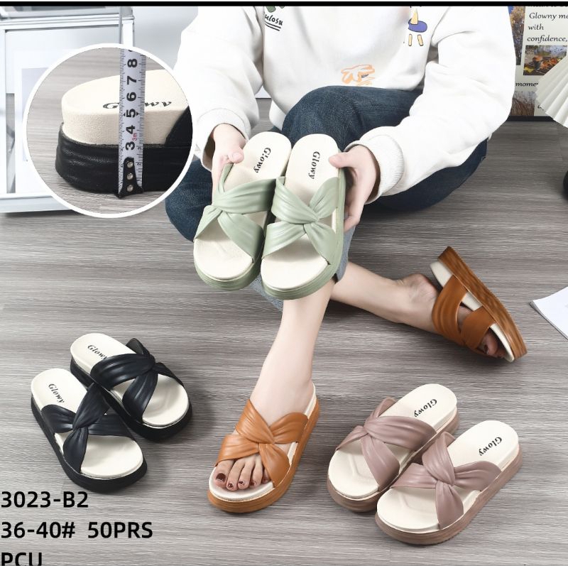 Sandal Selop Jelly Wedges Wanita Motif Silang Kerut Terbaru Fashion Glowy 3023