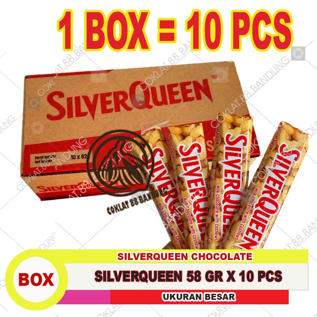 

SILVERQUEEN 1 BOX 10 X 55GR ex 58GR, COKLAT SILVERQUEEN 55GR MEDE 1 DUS SILVER QUEEN 55 GRAM ISI 10