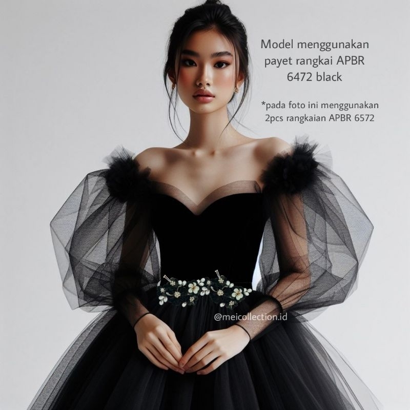 payet bunga 3d APBR 6572 black white pinggang bahu lengan payet rangkai mutiara kebaya wisuda tunang