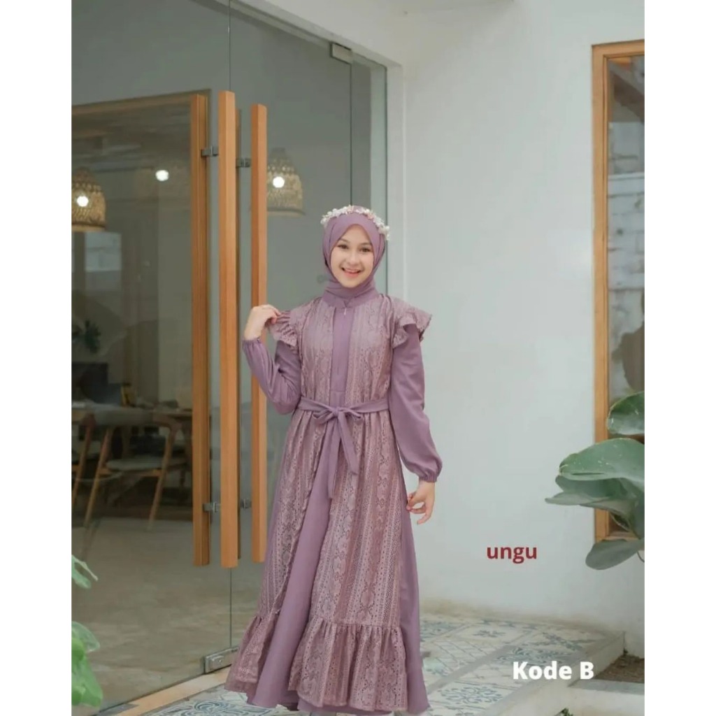 Gamis brokat pesta anak tanggung umur 10-15 tahun free belt gamis anak mayung brukat tille