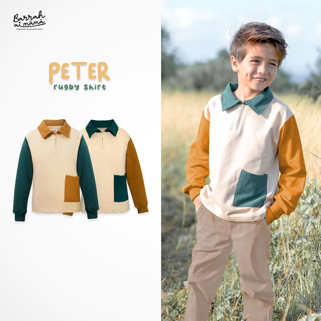 Barrahaimama - Polo Shirt Anak Laki Laki Baju Kerah Rugby Lengan Panjang Bahan Katun Polos