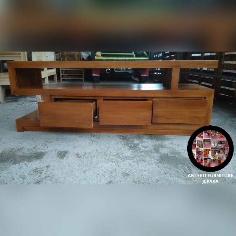 meja tv pendek minimalis kayu jati asli / bufet pendek laci