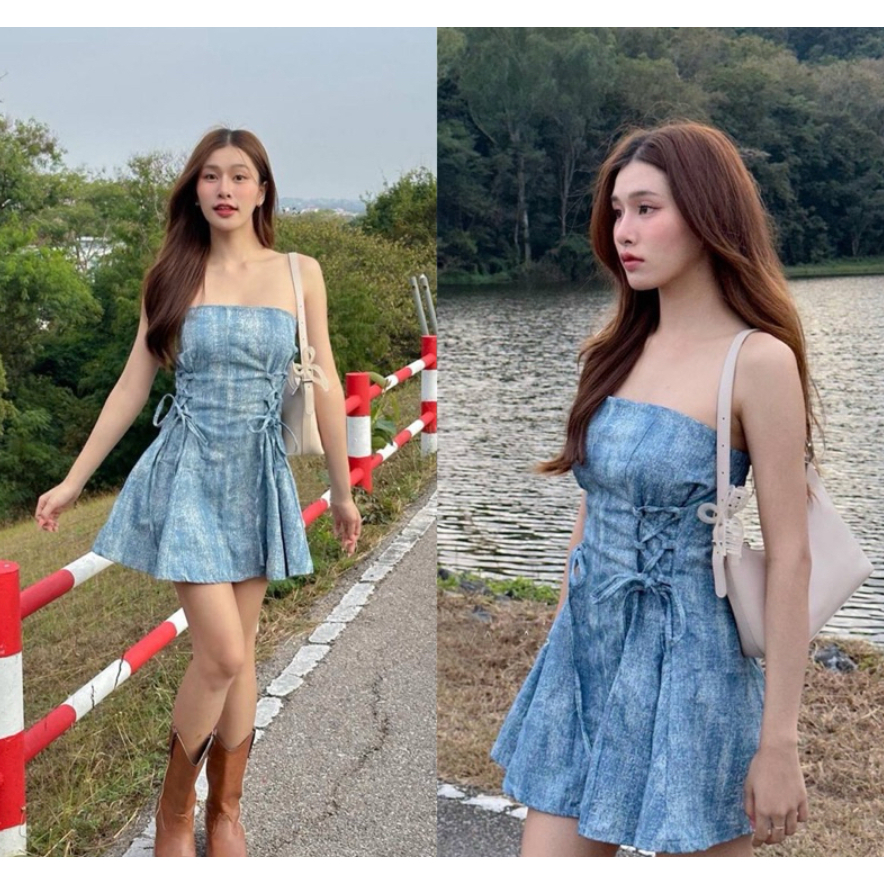 HMC- D1588 SASKIA KOREAN STYLE VINTAGE MINI DRESS JEANS TALI SIMPLE POLOS SABRINA TANK