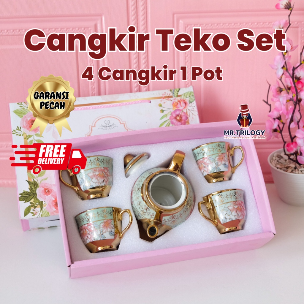 Terlaris Cangkir Teko TeaPot Set 5in1 Hampers Gelas Teh Kopi Pot Gaya Eropa