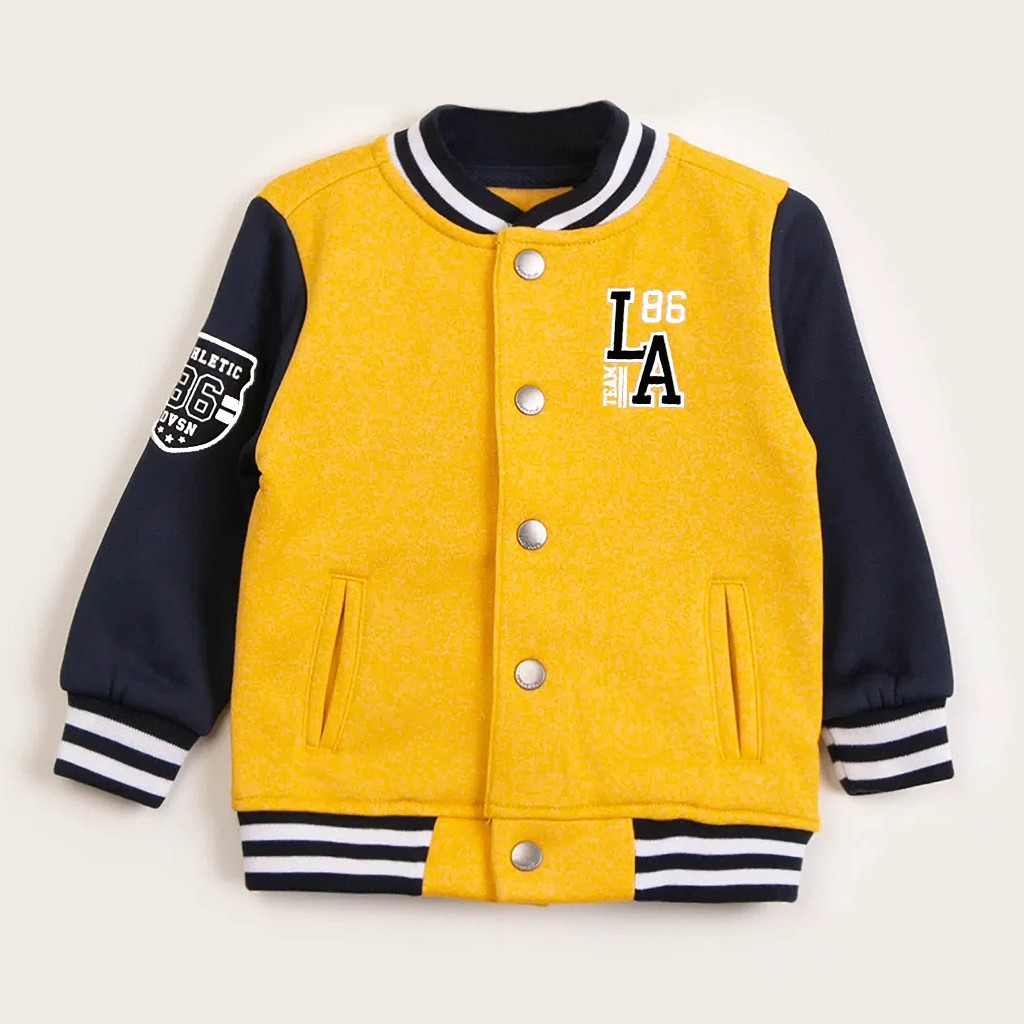Jaket Varsity Anak Cowok Cewek Kekinian Model Bomber L A (SABLON) KUNING HITAM DENIM PUTIH JAKET VAR