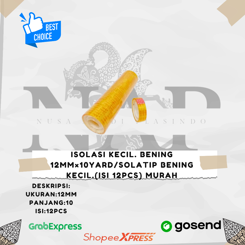 

Isolasi Kecil. Bening 12mm×10yard/Solatip Bening Kecil.(isi 12pcs) Murah