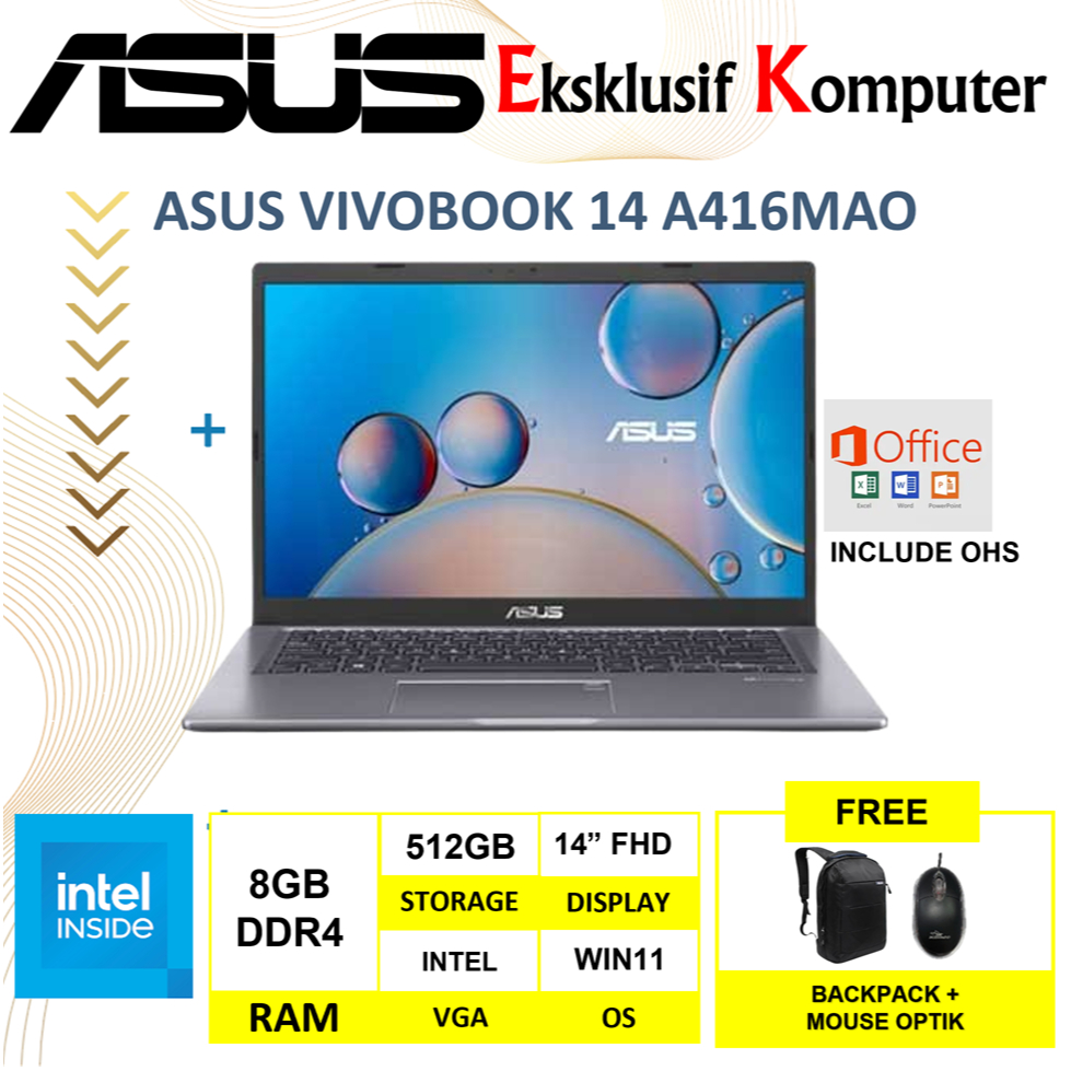 Laptop Murah Asus Vivobook A416Mao Ram 8GB Ssd 256GB FHD WIN 11 +OHS