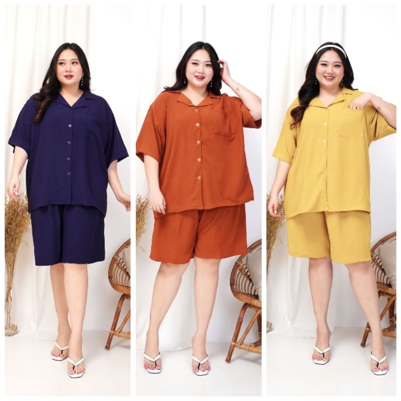 ONE SET JUMBO SETELAN WANITA BIGSIZE LD 140CM CELANA PENDEK CRINKLE