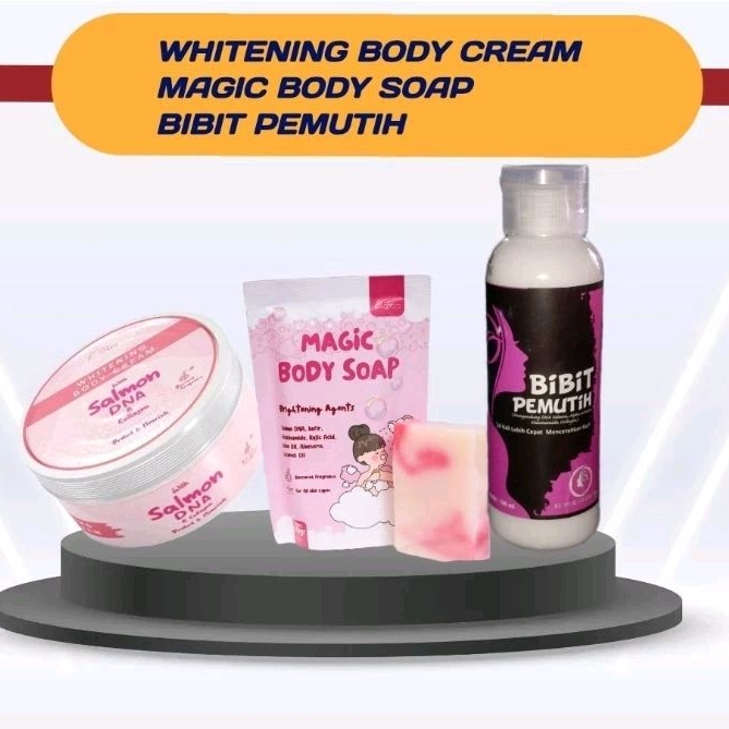 SEPAKET PERAWATAN BADAN (HB DNA SALMON KATYA SKIN + SABUN MAGIC BODY SOAP + BIBIT PEMUTIH SUPER GLOW