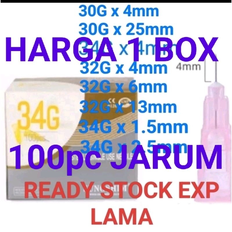 1 BOX(100pc) jarum meso 32Gx4mm 30Gx4mm 34Gx4mm 32Gx13mm disposable needle sungshim mesogun jarum me