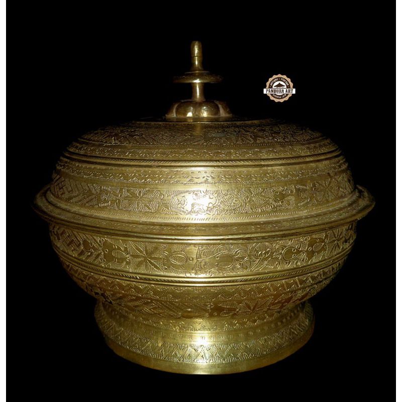 Bokor tutup / abun kuningan UKIR kuno PALEMBANG / BANJAR ( Bt - 2 )