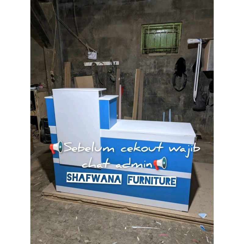 meja kasir biru putih / meja laundry / meja brilink / meja toko minimalis / meja klinik