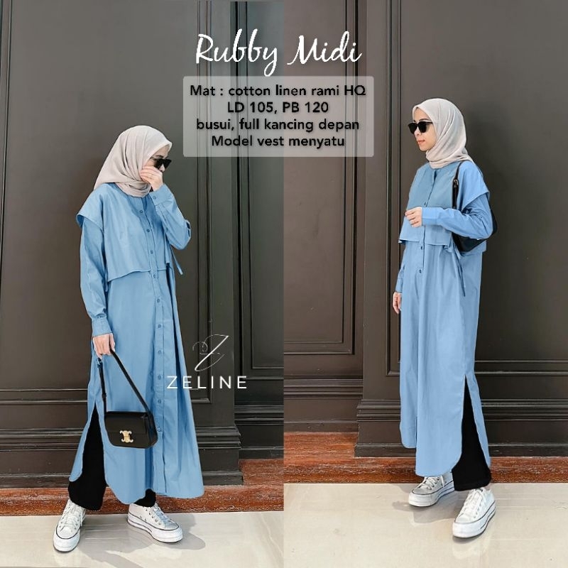 Terbaru Rubby Midi Dress Bahan Linen Rami Premium By Zeline Wear-Midi Dress Muslim Korean Style-Casu
