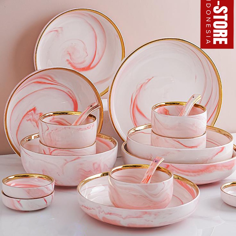 Ready Stok Piring Makan Keramik Mewah Mangkok Aesthetic Alat Makan Set Piring Saji Prasmanan Sendok 