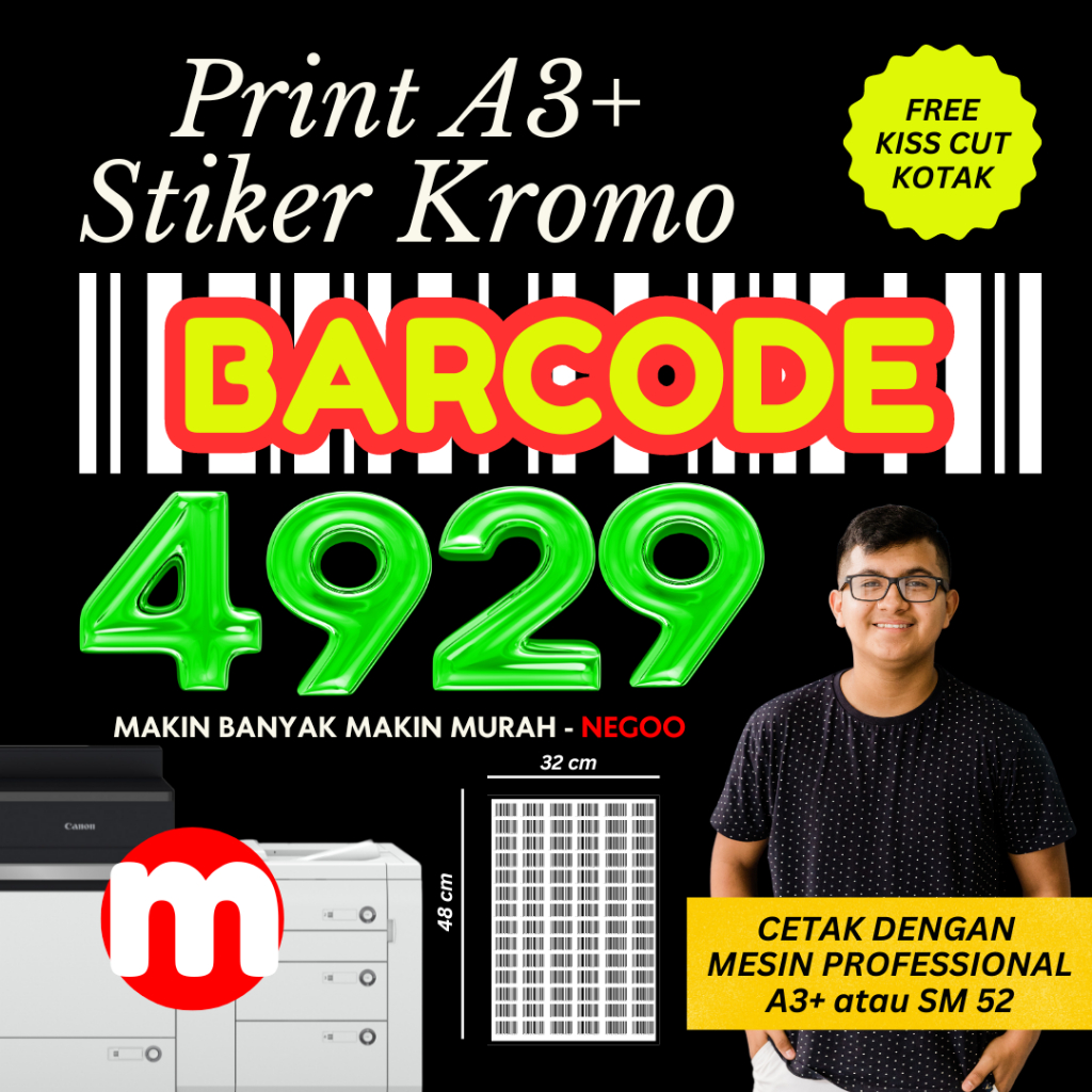 

Cetak Print Stiker a3+ Barcode Label Harga Bahan Premium Kromo/Vinyl/Tranparant