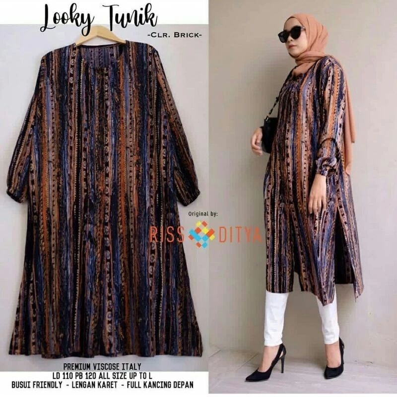 Tunik Katun Rayon Viscose Motif Atasan Wanita Katun Rayon Jumbo Motif Kancing Depan Lengan Panjang