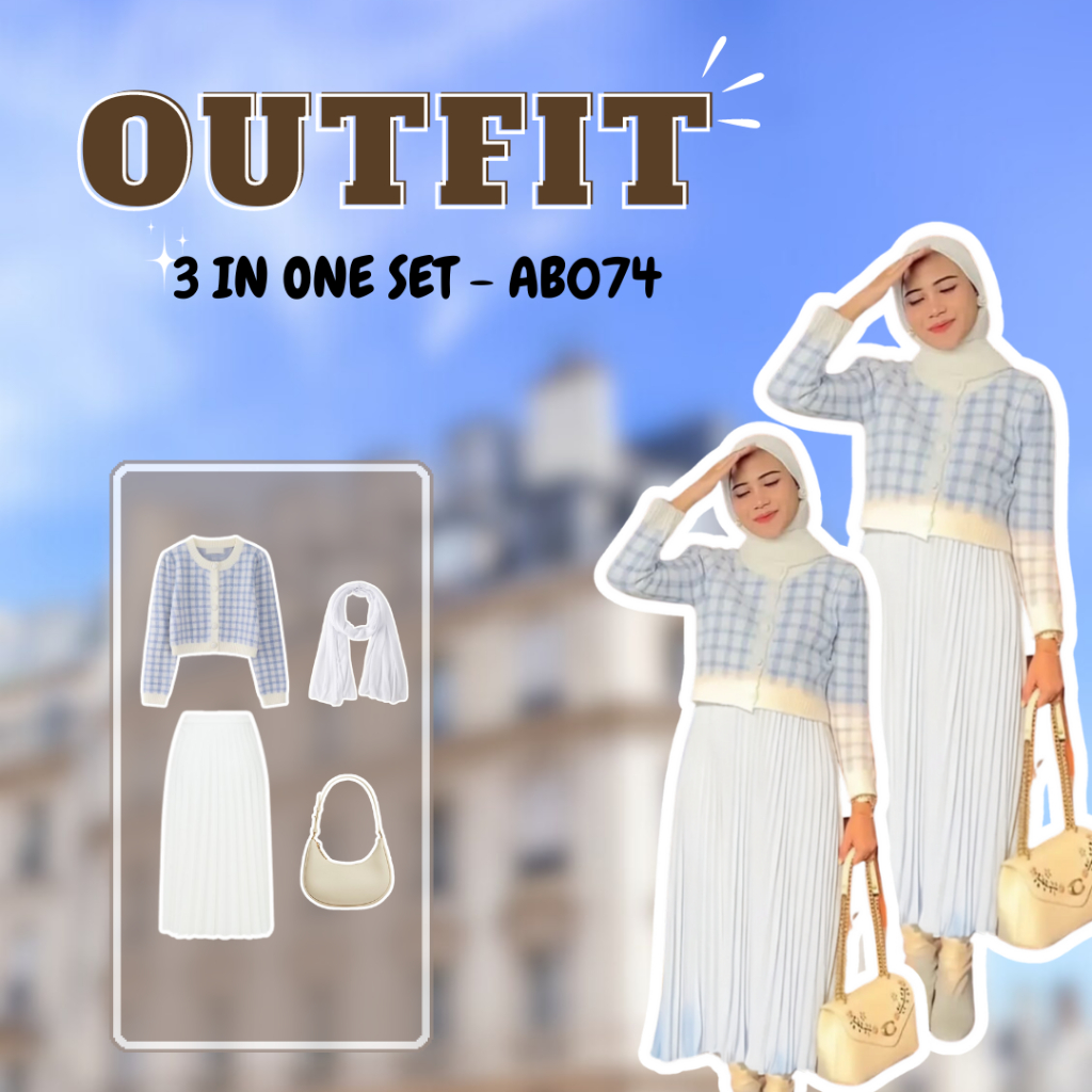 AB074 - One Set Cewek Korean Style Hijab Ootd Pantai, Ootd Hangout  Sweater Rajut Blue, Rok Plisket