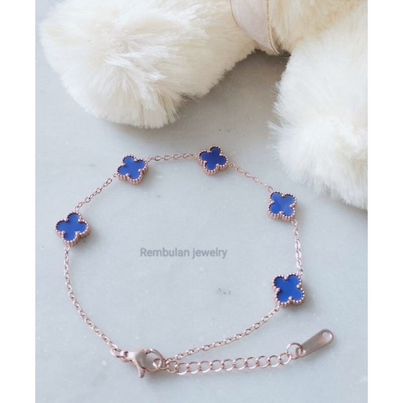 Gelang Clover Biru / titanium / anti karat / gelang cantik