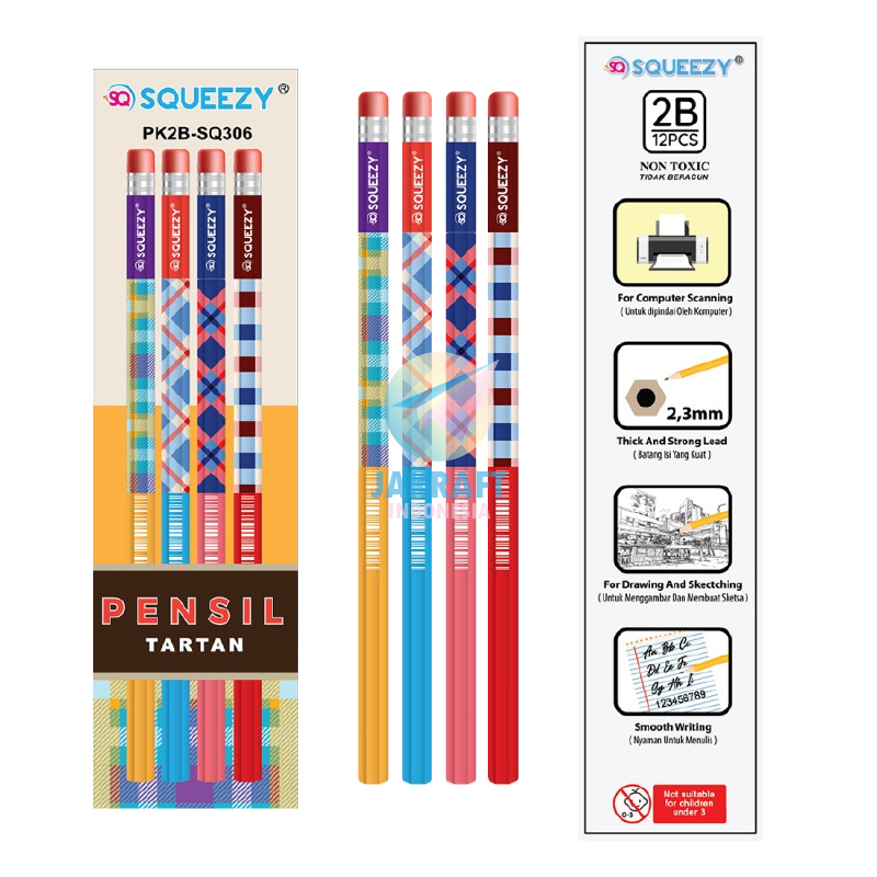 

(12 Pcs) Pensil Kayu Tulis Komputer Ujian Test Scoring 2B + Penghapus SQUEEZY PK2B-SQ306 Tartan Warna Warni Neon Fancy Lucu Wooden Pencil w/ Eraser Souvenir