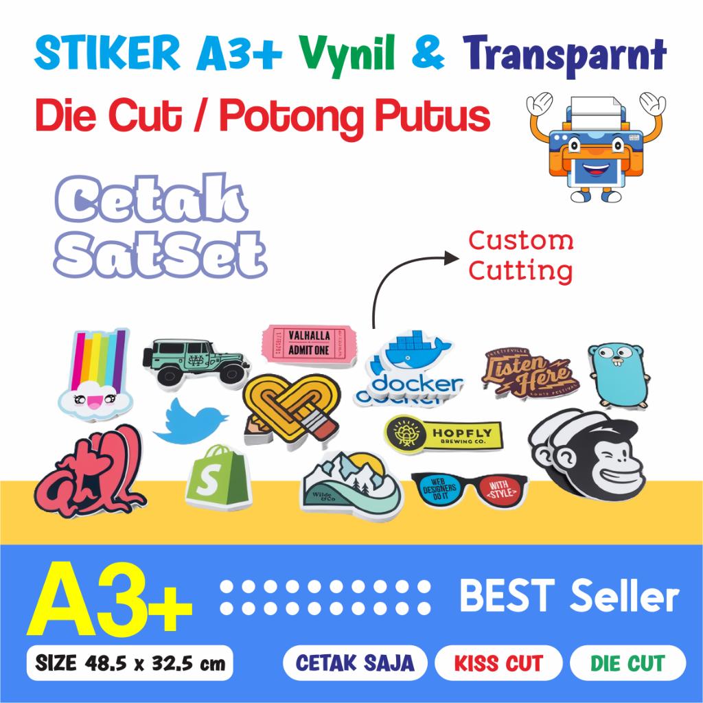 

STIKER A3+ VYNIL GLOSSY / TRANSPARANT DIE CUT | CUTTING MURAH / PRINT A3+ / LABEL / KEMASAN