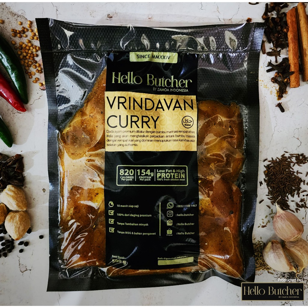 

Hello Butcher - VRINDAVAN CURRY Dada Ayam Fillet Marinasi Dry Rub 500gr / Chicken Breast Marinade - DIET SEHAT