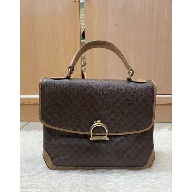 Tas Celine Macadam Canvas Hand Bag PVC Leather Brown Vintage