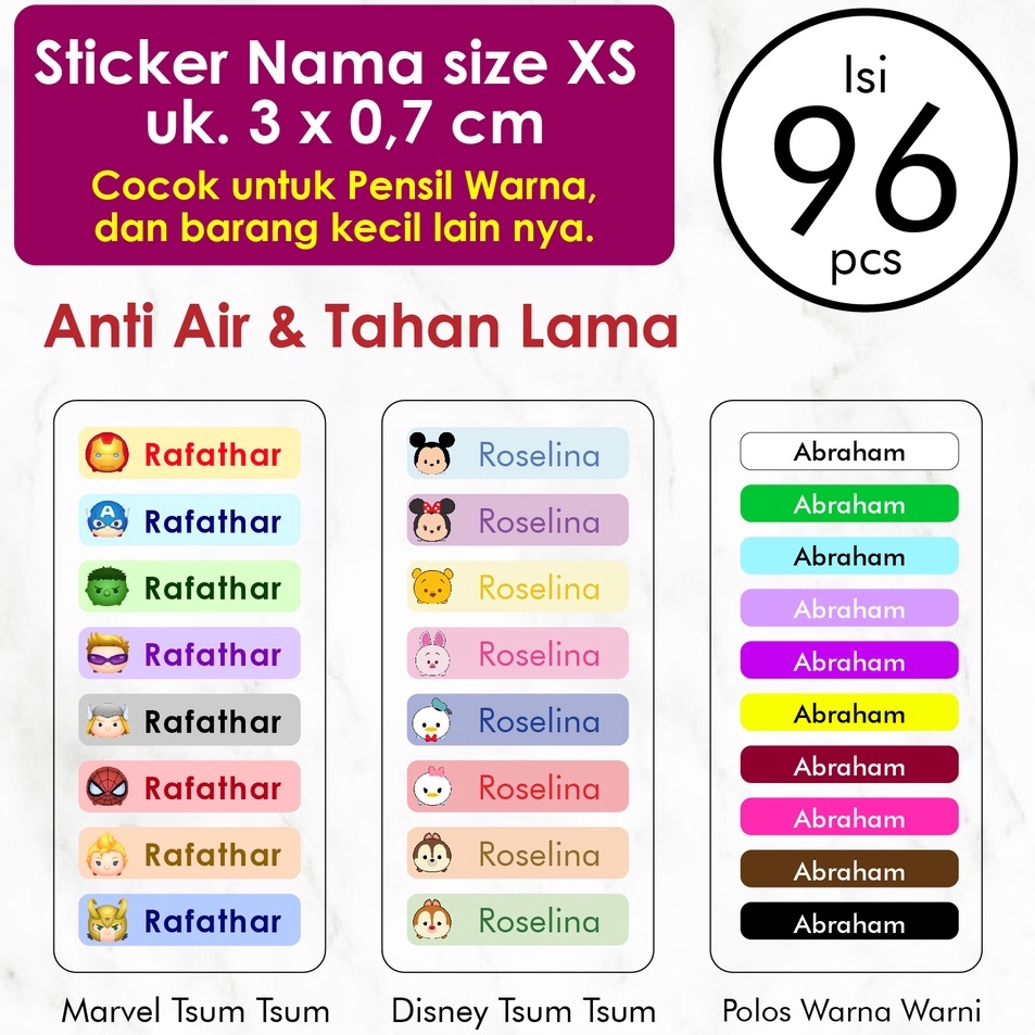 

Model Terheboh Stiker Label Nama Custom Ukuran Xs isi 96 pcs Label Nama Anak Waterproof Tahan Air Stiker Pensil Warna Label Pensil Label Botol Minum sticker tempat makan stiker mainan Warna Warni Disney Tsum Tsum karakter