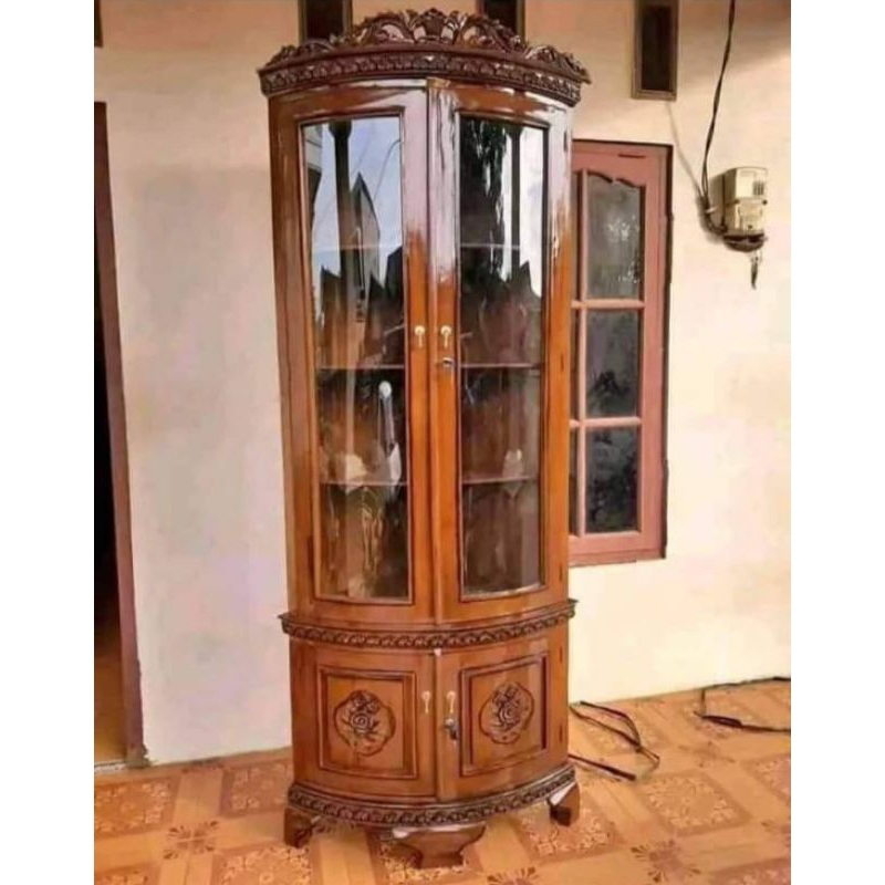 LEMARI SUDUT GRADE A KAYU JATI | LEMARI HIAS SUDUT LEMARI KACA SUDUT FURNITURE JATI