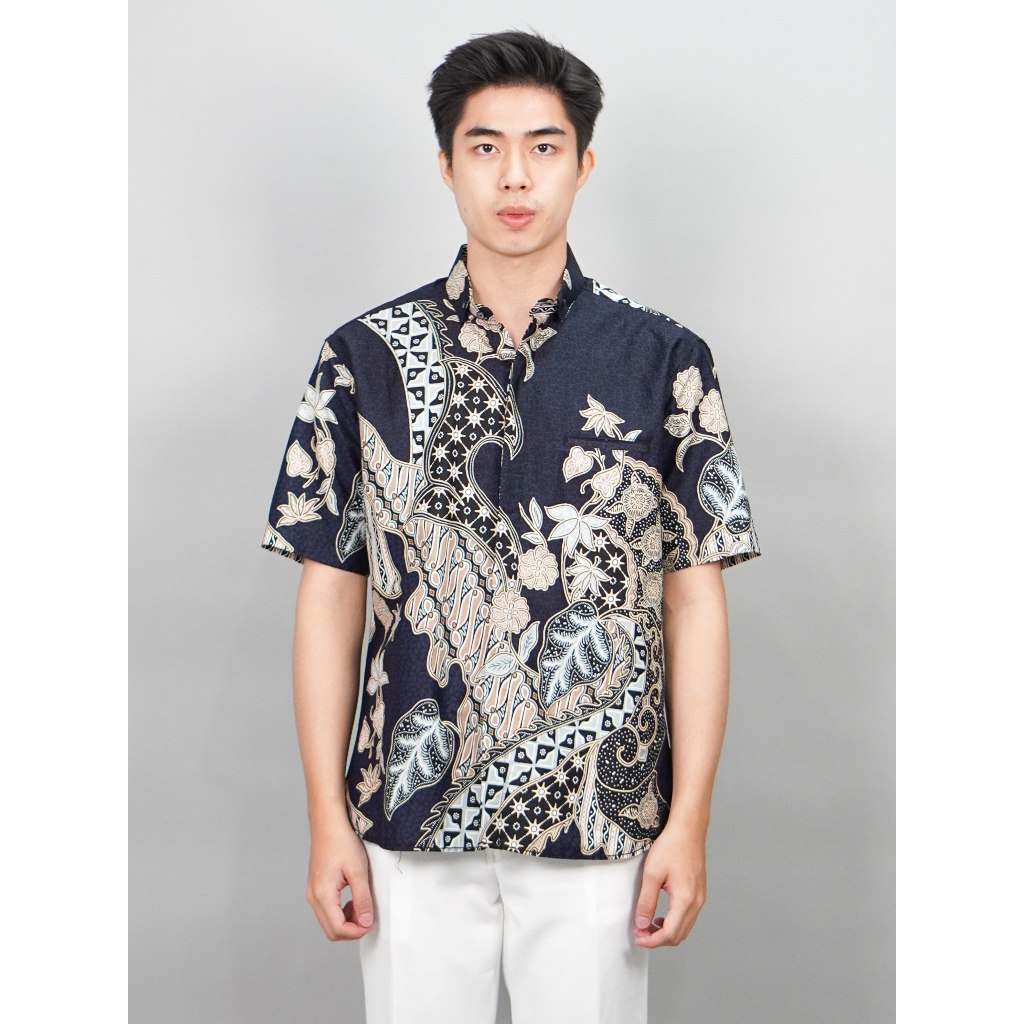 Swipe Up Kemeja Batik Pria Modern Lengan Pendek Akai Navy Cream